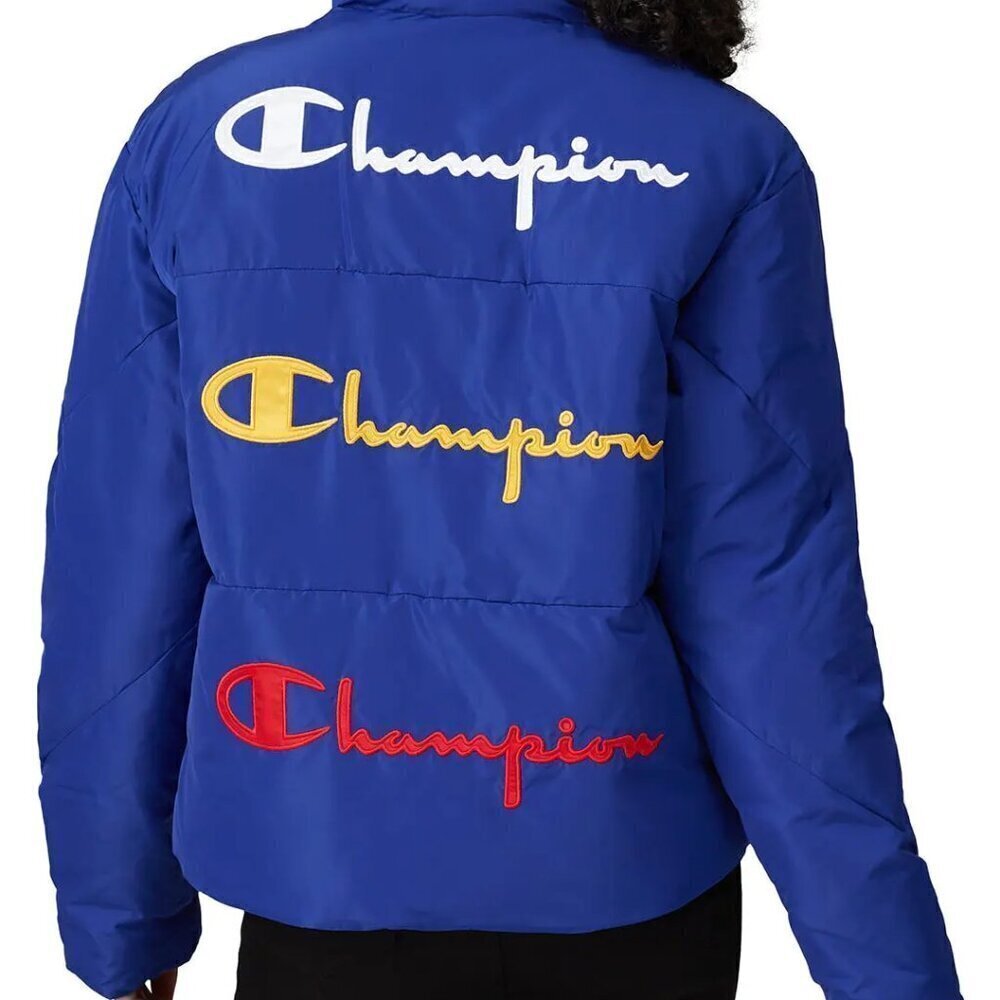 Champion Blue Script Crop Puffer Jacket Sporty Outdoor Streetwear Women's Large - Picture 2 of 11